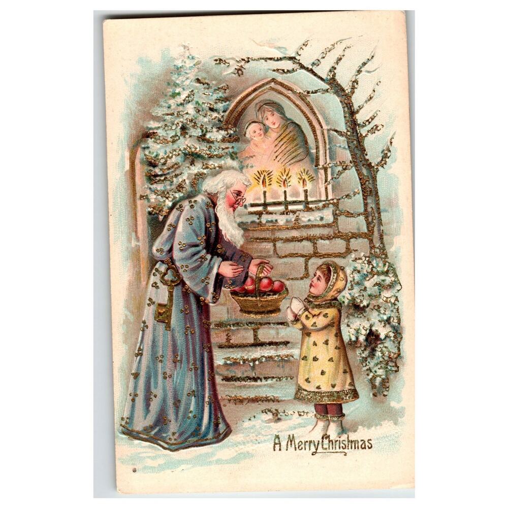 1908 Embossed Glitter Christmas Postcard Santa Giving Apples Madonna & Child